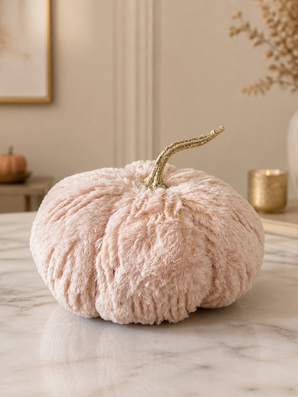 Blush Pink Plush Decorative Pumpkin with Gold Stem